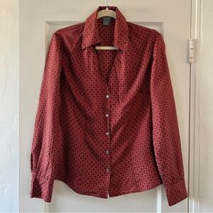 Vintage Ann Taylor red silk 1970s style button front long sleeve blouse chain 08